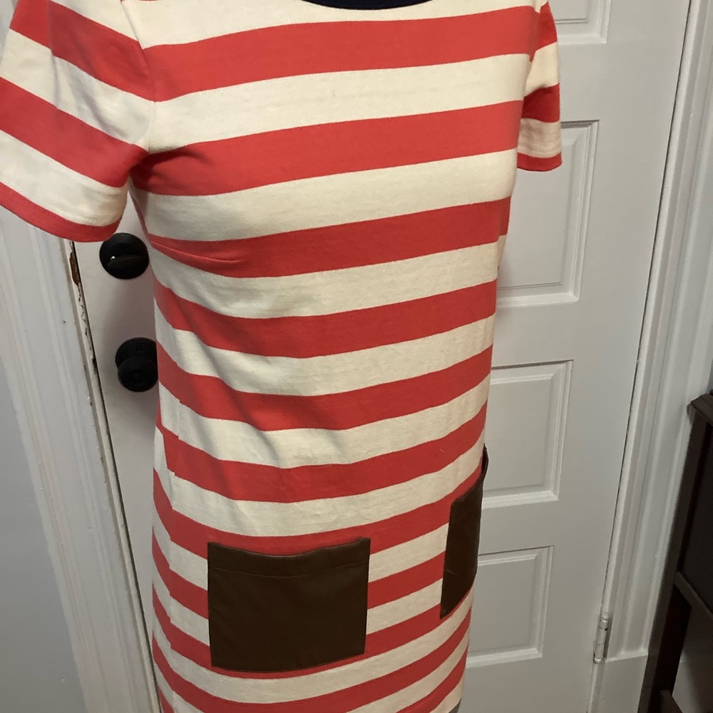 J crew women’s extra small dress orange stripes brown faux leather pockets